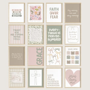 May include: A collection of sixteen rectangular wall art prints featuring religious and inspirational text, floral illustrations, and bows in a muted color palette of sage green, dusty pink, beige, and white, arranged in a four-by-four grid layout.