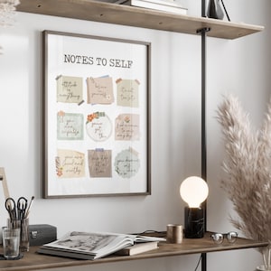 Może przedstawiać: Wydruk w ramie z tytułem "Notes to Self" i siatką kolorowych karteczek samoprzylepnych z motywującymi cytatami. Karteczki są ozdobione kwiatowymi ilustracjami i mają vintage'owy charakter.