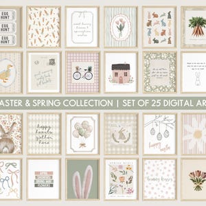 Könnte beinhalten: Eine Sammlung von 25 gerahmten digitalen Kunstdrucken mit Ostern und Frühlingsmotiven. Die Drucke zeigen verschiedene Illustrationen, darunter Hasen, Karotten, Eier, Blumen und inspirierende Zitate. Die Farbpalette umfasst sanfte Pastelltöne und neutrale Farben.