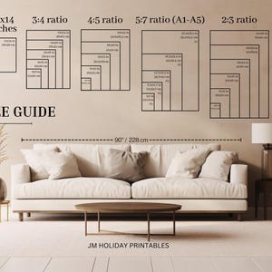 May include: A size guide graphic showing print ratios and dimensions in inches and cm. The text "SIZE GUIDE" is at the bottom, with "JM HOLIDAY PRINTABLES" below. A sofa, coffee table, and lamp are in the foreground.