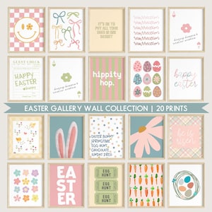 Puede incluir: Una colección de 20 impresiones de arte de pared imprimibles con temática de Pascua. Las impresiones presentan varios diseños, incluidos conejos, huevos, zanahorias, flores y texto. Las impresiones están en una variedad de colores, incluidos rosa, azul, verde, amarillo y blanco.
