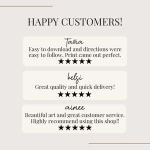 May include: A beige graphic with the text "HAPPY CUSTOMERS!" and customer reviews. The reviews are in white boxes with black text and star ratings. The reviews mention easy downloads, great quality, and customer service.