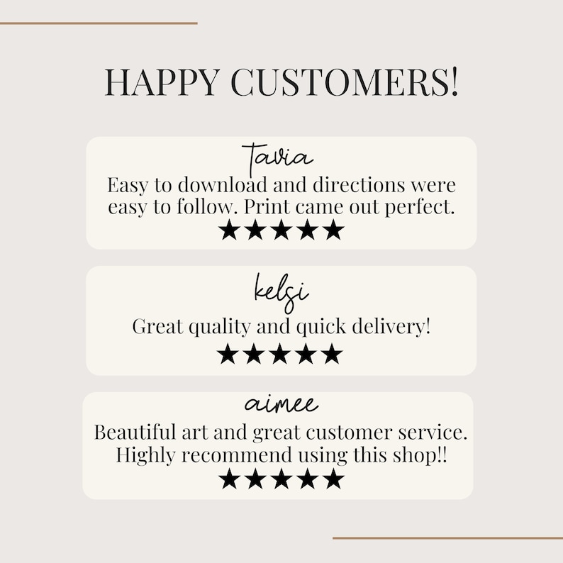 May include: A beige graphic with the text "HAPPY CUSTOMERS!" and customer reviews. The reviews are in white boxes with black text and star ratings. The reviews mention easy downloads, great quality, and customer service.