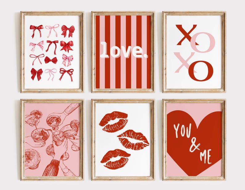 May include: Set of six Valentine's Day themed printable art prints. The prints feature red and pink stripes, red hearts, red lips, red bows, and the words "love", "XO", and "You & Me".