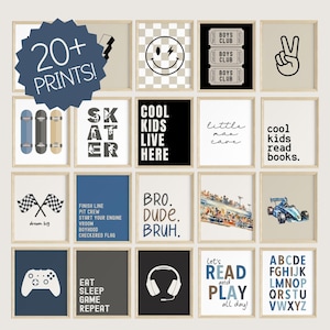 May include: A collection of 20+ printable wall art designs for a boy's room. The prints feature various themes including skateboarding, racing, reading, and gaming. The prints are in a variety of colours and styles, including black and white, blue and white, and brown and white.