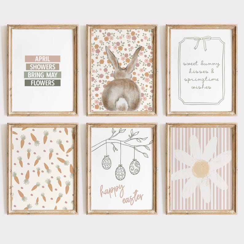 Pu&ograve; includere: Set di sei stampe artistiche incorniciate a tema pasquale. Le stampe presentano un coniglietto, carote, una margherita e il testo che recita "April Showers Bring May Flowers", "sweet bunny kisses & springtime wishes", e "happy easter".