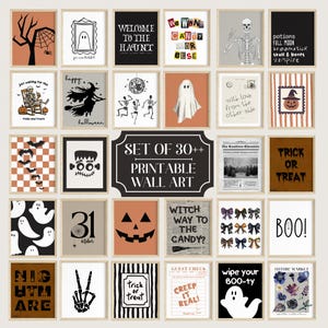 May include: A set of framed Halloween-themed printable wall art. The images include ghosts, pumpkins, skeletons, and text such as "Trick or Treat" and "Boo!" in various fonts and colours, perfect for seasonal decorating.