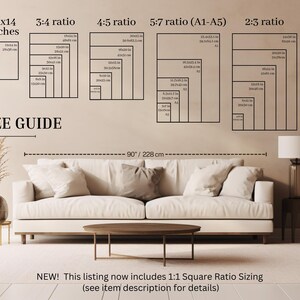May include: A size guide for prints, showing different aspect ratios and sizes in inches and centimeters. The guide includes 11x14 inches, 3:4 ratio, 4:5 ratio, 5:7 ratio (A1-A5), and 2:3 ratio. The guide is displayed on a wall with a white couch and a lamp.