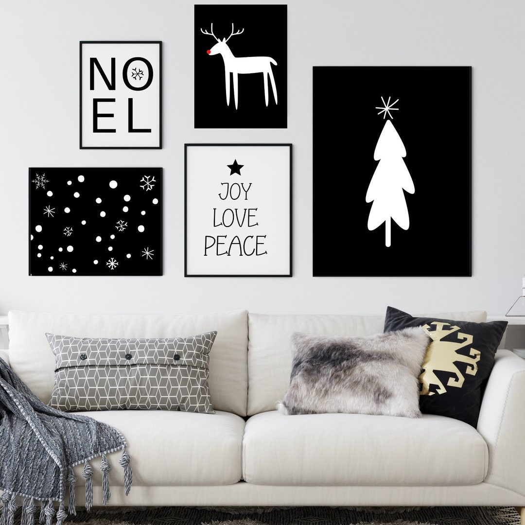 Black and White Christmas Wall Art Set of 6 Prints Holiday Gallery Wall