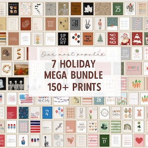 Può includere: Una collezione di oltre 150 stampe artistiche rettangolari da parete con vari temi stagionali e festivi, tra cui Halloween, Natale, Pasqua e il 4 luglio, con un testo centrale sovrapposto Our most popular 7 HOLIDAY MEGA BUNDLE 150+ PRINTS.