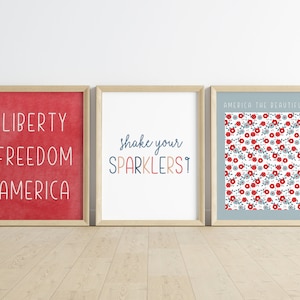 Pu&ograve; includere: Tre stampe incorniciate con temi patriottici. La stampa a sinistra ha uno sfondo rosso con le parole "Libert&agrave;, Libert&agrave;, America" in bianco. La stampa al centro ha uno sfondo bianco con le parole "Scuoti i tuoi fuochi d'artificio!" in blu, rosso e arancione. La stampa a destra ha uno sfondo blu con un motivo floreale rosso e bianco e le parole "America la Bella" in alto.