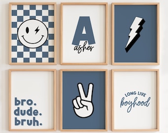 Jungen druckbare Kunst Set von 6 | Benutzerdefinierte Kind Name Kunstdrucke | Jungen Zimmer Dekor | Kinderzimmer Wand Kunst | Jungen Poster | Blaue Jungen-Raum-Drucke