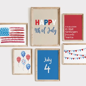 Pu&ograve; includere: Set di otto stampe d'arte da parete stampabili a tema 4 luglio. Le stampe presentano disegni ad acquerello rosso, bianco e blu con temi patriottici, tra cui una bandiera americana, palloncini, festoni e testo che dice "Happy 4th of July", "July 4" e "Parades, Ice Cream, Hamburgers, Fireworks, 'merica".
