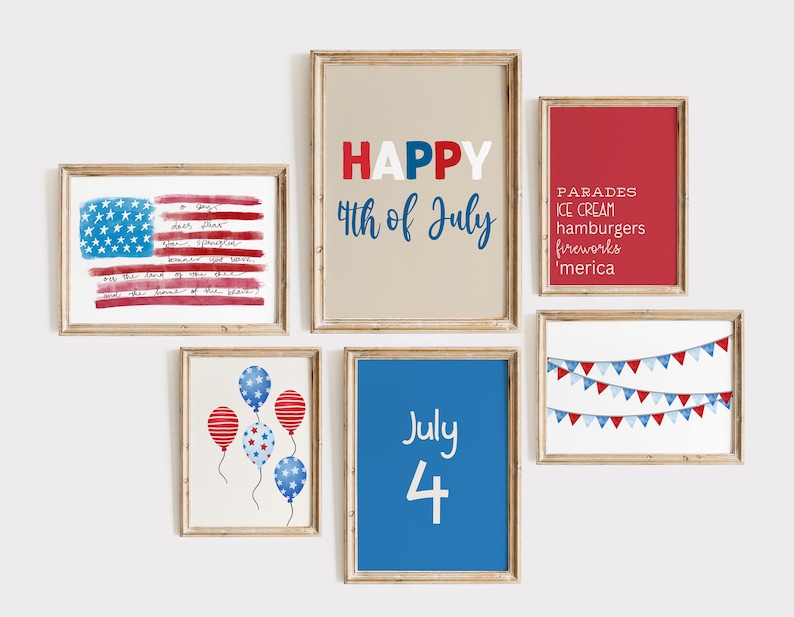 Pu&ograve; includere: Set di otto stampe d'arte da parete stampabili a tema 4 luglio. Le stampe presentano disegni ad acquerello rosso, bianco e blu con temi patriottici, tra cui una bandiera americana, palloncini, festoni e testo che dice "Happy 4th of July", "July 4" e "Parades, Ice Cream, Hamburgers, Fireworks, 'merica".