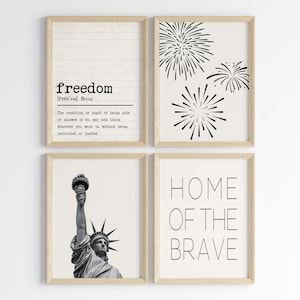Pu&ograve; includere: Quattro stampe incorniciate con un tema patriottico. La stampa in alto a sinistra presenta la parola "freedom" con una definizione. La stampa in alto a destra presenta tre fuochi d'artificio in bianco e nero. La stampa in basso a sinistra presenta un'immagine in bianco e nero della Statua della Libert&agrave;. La stampa in basso a destra presenta il testo "HOME OF THE BRAVE".