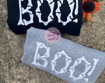 BOO! Embroidered Halloween Sweatshirt – Cute Cozy Ghost Fall Crewneck | Spooky Season Pullover | Aesthetic Sweater
