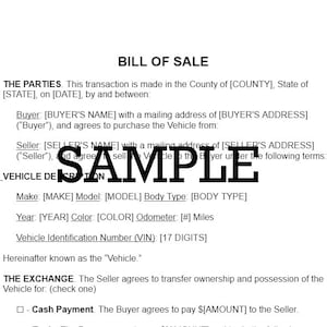 Vehicle Bill of Sale Form - Editable Car Private Sale Template, Printable Forms, MS Word Google Doc compatible