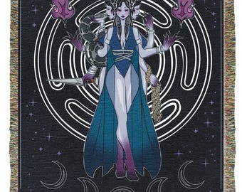 May include: A tapestry featuring a multi-armed female figure with a snake wrapped around her arm. She is standing in a circle with a pentagram and crescent moons. The background is black with white stars.