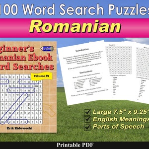 Könnte beinhalten: Ein farbenfroher E-Book-Umschlag mit dem Titel "Beginner's Romanian Ebook Word Searches Volume #1" und einem Beispiel für ein Wortsuchrätsel. Das Cover zeigt einen grün-braunen karierten Hintergrund mit einem rosa Banner oben, auf dem "100 Word Search Puzzles Romanian" steht. Das E-Book wird als groß beschrieben, mit Seiten von 7,5" x 9,25", englischen Bedeutungen und Wortarten.