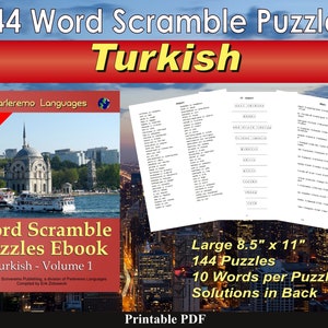 May include: A book cover with a photo of a mosque in Istanbul, Turkey. The title is "144 Word Scramble Puzzles Turkish - Volume 1". The book is 8.5 inches by 11 inches and contains 144 puzzles with 10 words per puzzle. Solutions are in the back.