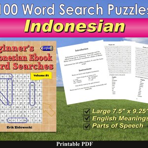 Op de afbeelding: Een boekomslag voor "Beginner's Indonesian Ebook Word Searches, Volume #1" door Erik Zidowecki. De omslag toont een kleurrijke illustratie van een woordzoeker met de zichtbare woorden "mouth", "volume" en "nolem". Het boek wordt beschreven als groot, met pagina's van 7,5" x 9,25", Engelse betekenissen en woordsoorten.