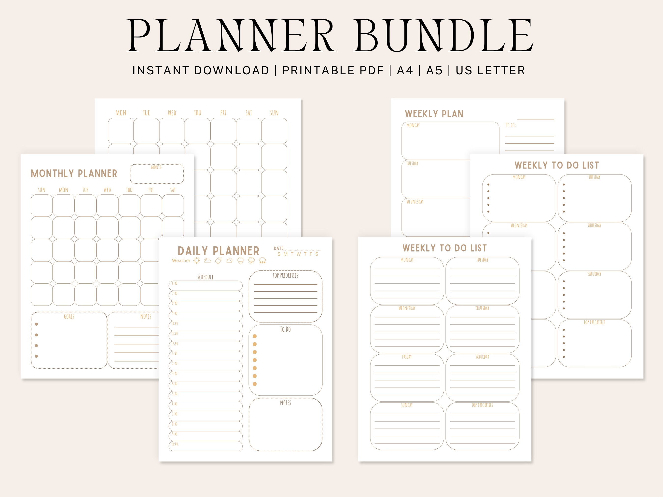 Printable Boho Planner Bundle, Daily Weekly Monthly Planner, to Do List