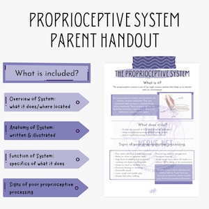 May include: A purple and white handout titled "Proprioceptive System Parent Handout" with an illustration of an elbow joint. The handout explains the proprioceptive system, what it does, and signs of poor proprioceptive processing.