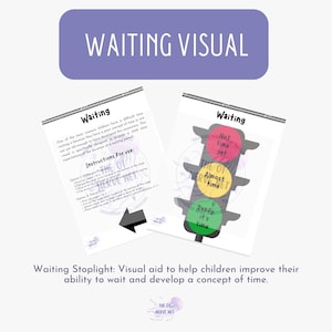 Peut inclure: Un outil visuel pour aider les enfants à apprendre à attendre. Le visuel est un feu de circulation avec trois lumières : rouge, jaune et verte. Le feu rouge indique « Pas encore le moment », le feu jaune indique « Presque le moment » et le feu vert indique « Prêt, c’est le moment ».