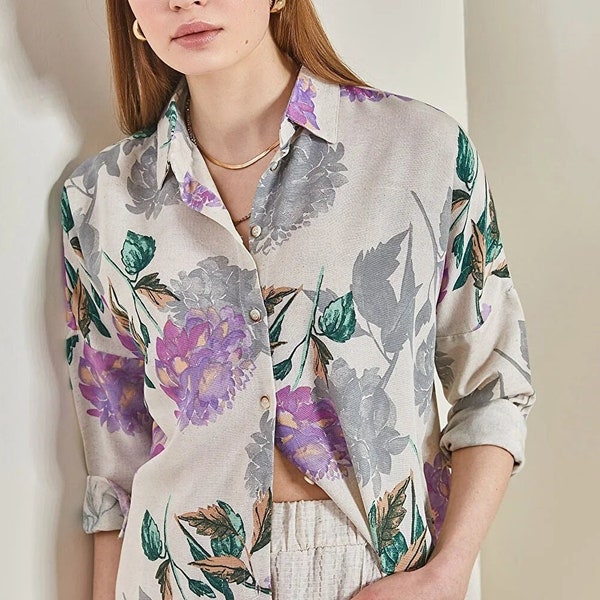 Flower Patterned Sleeve Viscose Shirt, Women Linen Shirt,Minimalist Designer Long Sleeved Buttoned Down,Nature Design Linen Landscape Blouse