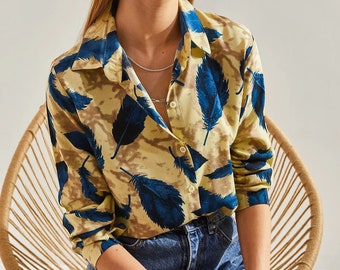 Camisa viscosa de manga con estampado de hojas, camisa de lino para mujer, diseñador minimalista de manga larga abotonada, blusa de paisaje de lino de diseño natural