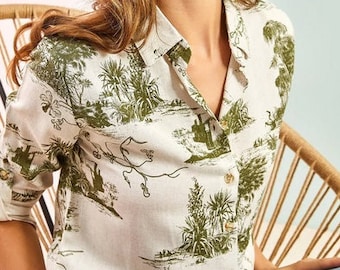 Women Linen Shirt, Modern Casual Office Tee Top, Minimalist Designer Long Sleeved Buttoned Down,Nature Design Linen Landscape Blouse