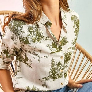 Women Linen Shirt, Modern Casual Office Tee Top, Minimalist Designer Long Sleeved Buttoned Down,Nature Design Linen Landscape Blouse