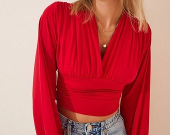 Tiefes V-Ausschnitt Crop Top, Schwarzes Crop Top, Rosa Crop Top, V-Ausschnitt Crop Top Bluse, V-Ausschnitt Crop Top Bluse,