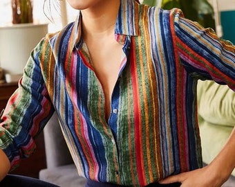 Colorful Ethnic Blouse for Women, Designer Long Sleeved Top, Button Down Shirt, Womens Casual Minimalist Modern Top