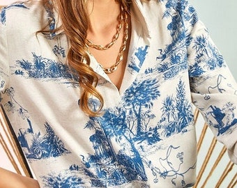 Chemise en lin pour femme, t-shirt de bureau décontracté moderne, designer minimaliste à manches longues boutonné, chemisier paysage en lin design nature