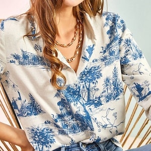 Frauen Leinenhemd, modernes lässiges Büro-T-Shirt, minimalistischer Designer mit langen Ärmeln, Naturdesign-Leinenlandschaftsbluse Bild 1