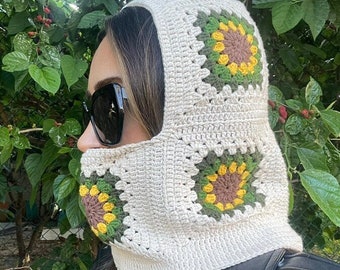 Balaclava, Daisy Balaclava , Granny Square Wool Face Cover , Crochet Hat , Winter Hoodie , Colorful Balaclava , Unisex Face Mask , Ski Mask