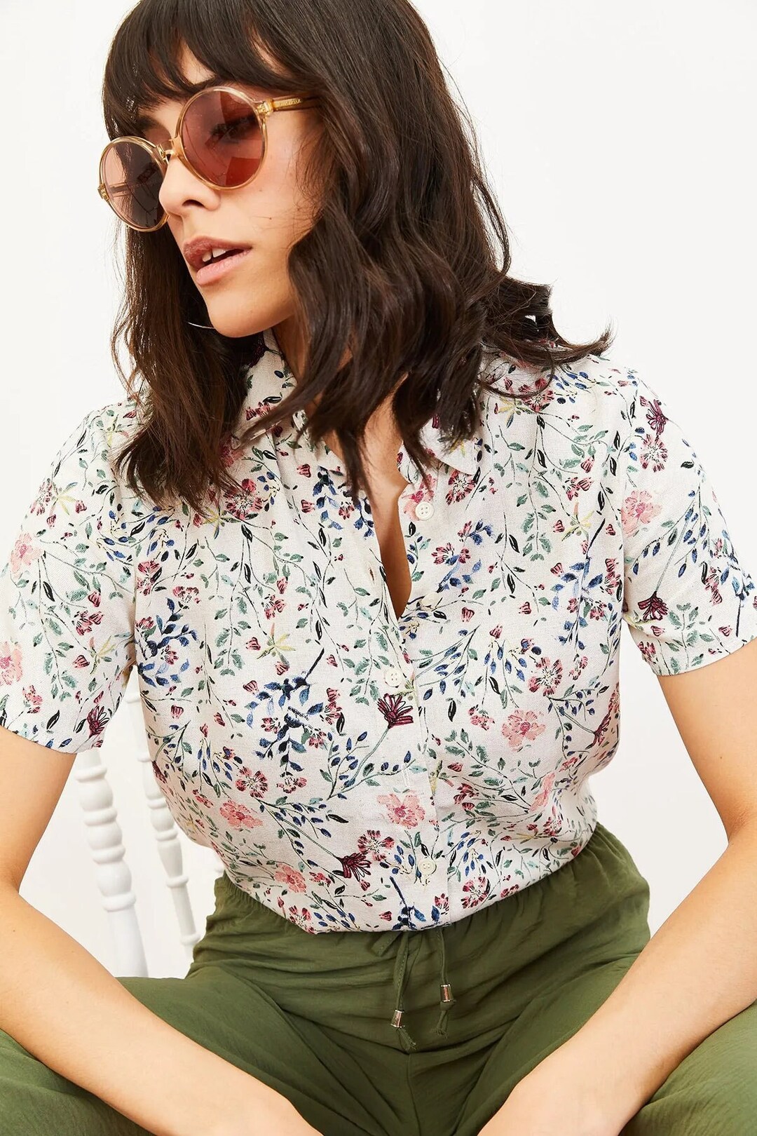 Floral Short Sleeve Blouse, Women Linen Shirt, Minimalist Designer ...