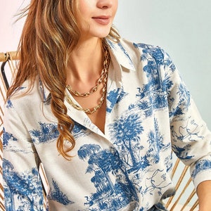 Frauen Leinenhemd, modernes lässiges Büro-T-Shirt, minimalistischer Designer mit langen Ärmeln, Naturdesign-Leinenlandschaftsbluse Bild 5