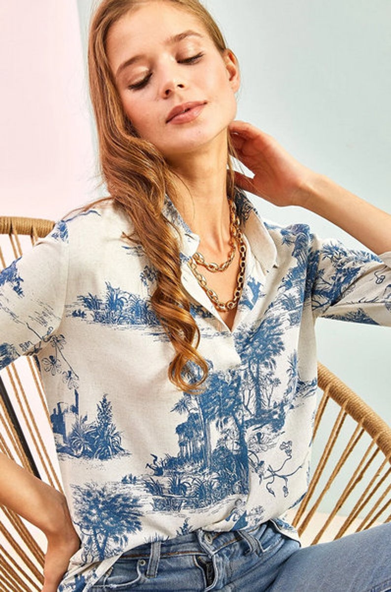 Frauen Leinenhemd, modernes lässiges Büro-T-Shirt, minimalistischer Designer mit langen Ärmeln, Naturdesign-Leinenlandschaftsbluse Bild 3