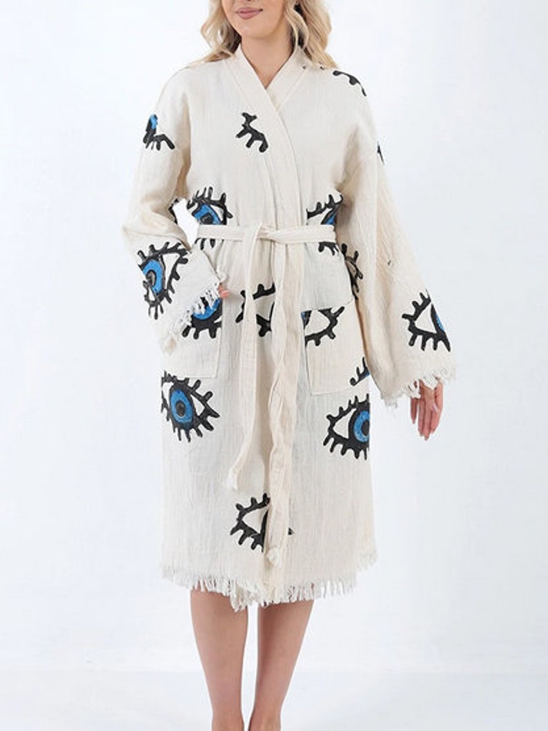 Evil Eye Robe, Organic Turkish Cotton Blue Eye Bath Robe, Boho Evil Eye