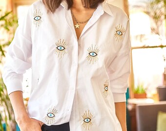 Evil Eye Shirt, Evil Eye Clothing, Evil Eye Blouse for Women, Loose Cotton Eye Blouse, Blue Eye Designer Blouse, Evil Eye Sequin, Evil Eye