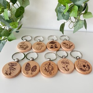 Mushroom Themed Wooden Keychains~ Mushy Engraved Wooden Keychains ~ Cottagecore Keychains ~ Wooden Circle Shaped Keychains ~ Mushroom Lovers