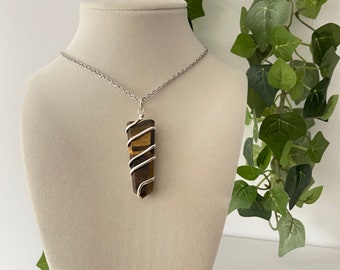 Tigers Eye Crystal Necklace ~ Tigers Eye Flat Point Pendant Crystal Necklace ~ Silver Wrapped Tigers Eye Pendant ~ Tigers Eye Necklace