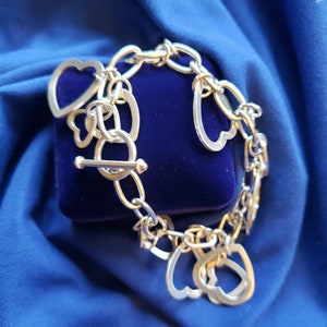 Vintage Sterling Silver Heart Cut-Out Dangle Charm Bracelet, 7 1/2 inches