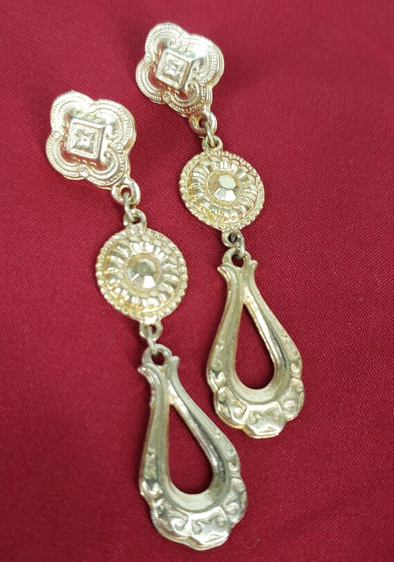 Vintage Gold Geometric Drop Earrings for Pierced … - image 7
