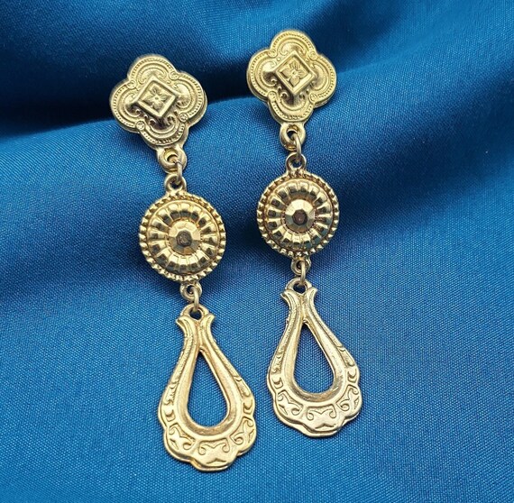 Vintage Gold Geometric Drop Earrings for Pierced … - image 3