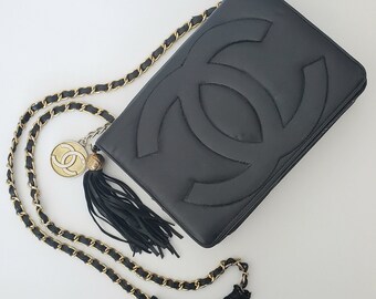 Vintage Karl Lagerfeld Black Leather Bag: Gold Flap Strap, Tassel Charm
