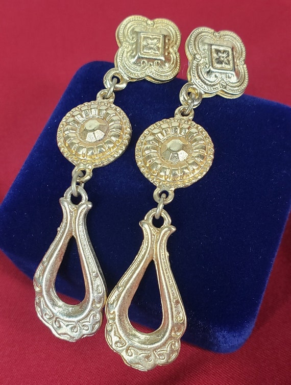 Vintage Gold Geometric Drop Earrings for Pierced … - image 4