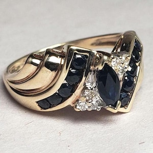 Vintage Diamond Sapphire Marquise Yellow Gold Ring, Size 6